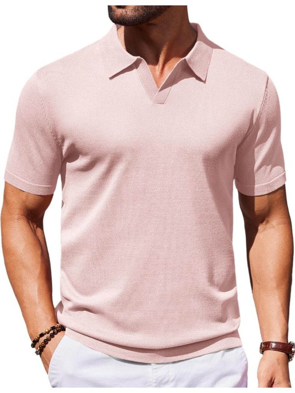 Men's Pink 100% Polyester V Neck Short Sleeve Stretch Knit Polo Shirt